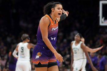 Mercury forward Satou Sabally (0) yells out to the referee as they play the New York Liberty at PHX Arena on Aug 30, 2025, in Phoenix.