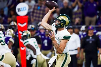 Aug 30, 2025; Seattle, Washington, USA; Colorado State Rams quarterback Brayden Fowler-Nicolosi (16) passes against the Washington Huskies during the third quarter at Husky Stadium. Mandatory Credit: Joe Nicholson-Imagn Images