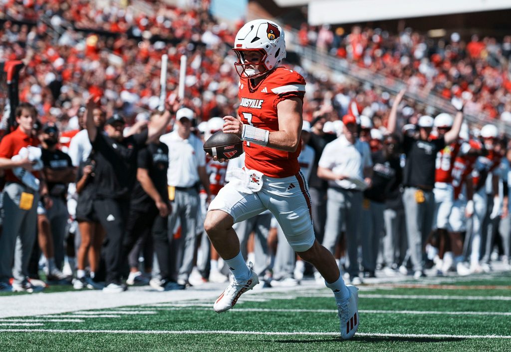 Louisville Cardinals quarterback Miller Moss (7) scores on this touchdown run in the first quarter during the Cards' 51-17 win over Eastern Kentucky University at the Cardinals' season opener Saturday, August 30, 2025 at L&N Federal Credit Union Stadium in Louisville, Kentucky.