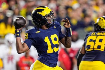 Michigan quarterback Bryce Underwood passes against New Mexico during the first half at Michigan Stadium in Ann Arbor on Saturday, August 30, 2025.