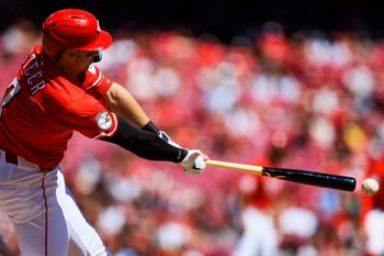 Aug 31, 2025; Cincinnati, Ohio, USA; Cincinnati Reds first baseman Spencer Steer (7) bats against the St. Louis Cardinals in the seventh inning at Great American Ball Park. Mandatory Credit: Katie Stratman-Imagn Images