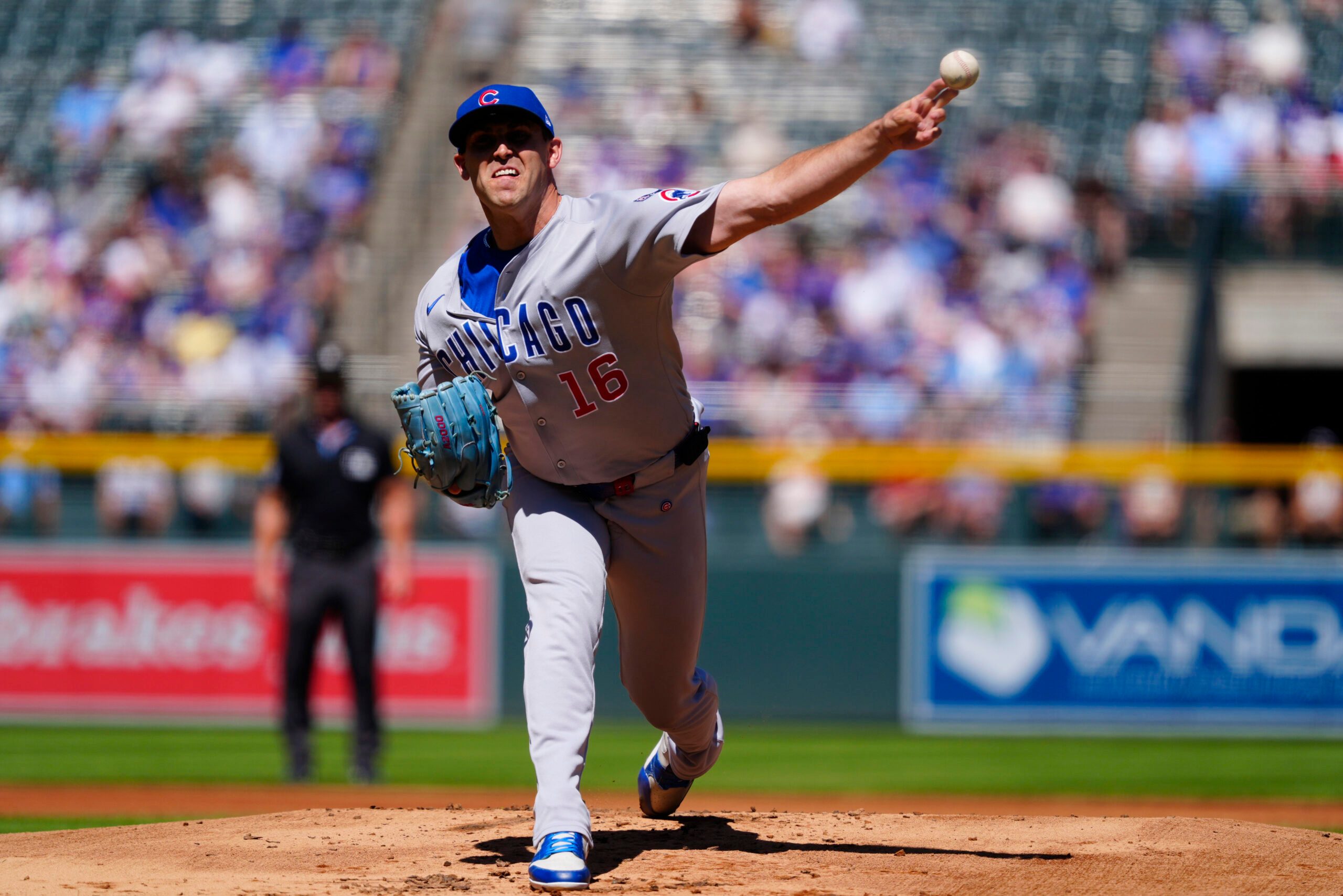 Aug 31, 2025; Denver, Colorado, USA; Chicago Cubs pitcher Matthew Boyd (16) delivers a pitch in the first inning against the Colorado Rockies at Coors Field. Mandatory Credit: Ron Chenoy-Imagn Images
