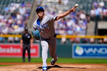 Aug 31, 2025; Denver, Colorado, USA; Chicago Cubs pitcher Matthew Boyd (16) delivers a pitch in the first inning against the Colorado Rockies at Coors Field. Mandatory Credit: Ron Chenoy-Imagn Images