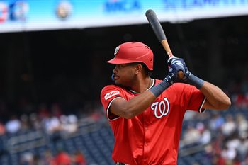 Aug 31, 2025; Washington, District of Columbia, USA;  Washington Nationals left fielder James Wood (29) prepares to bat against the Tampa Bay Rays during the fifth inning at Nationals Park. Mandatory Credit: Rafael Suanes-Imagn Images
