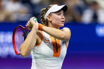 Aug 31, 2025; Flushing, NY, USA; Elena Rybakina of Kazakhstan in action against Marketa Vondrousova of Czech Republic in the fourth round of the women’s singles at the US Open at Arthur Ashe Stadium in Billie Jean King National Tennis Center. Mandatory Credit: Mike Frey-Imagn Images