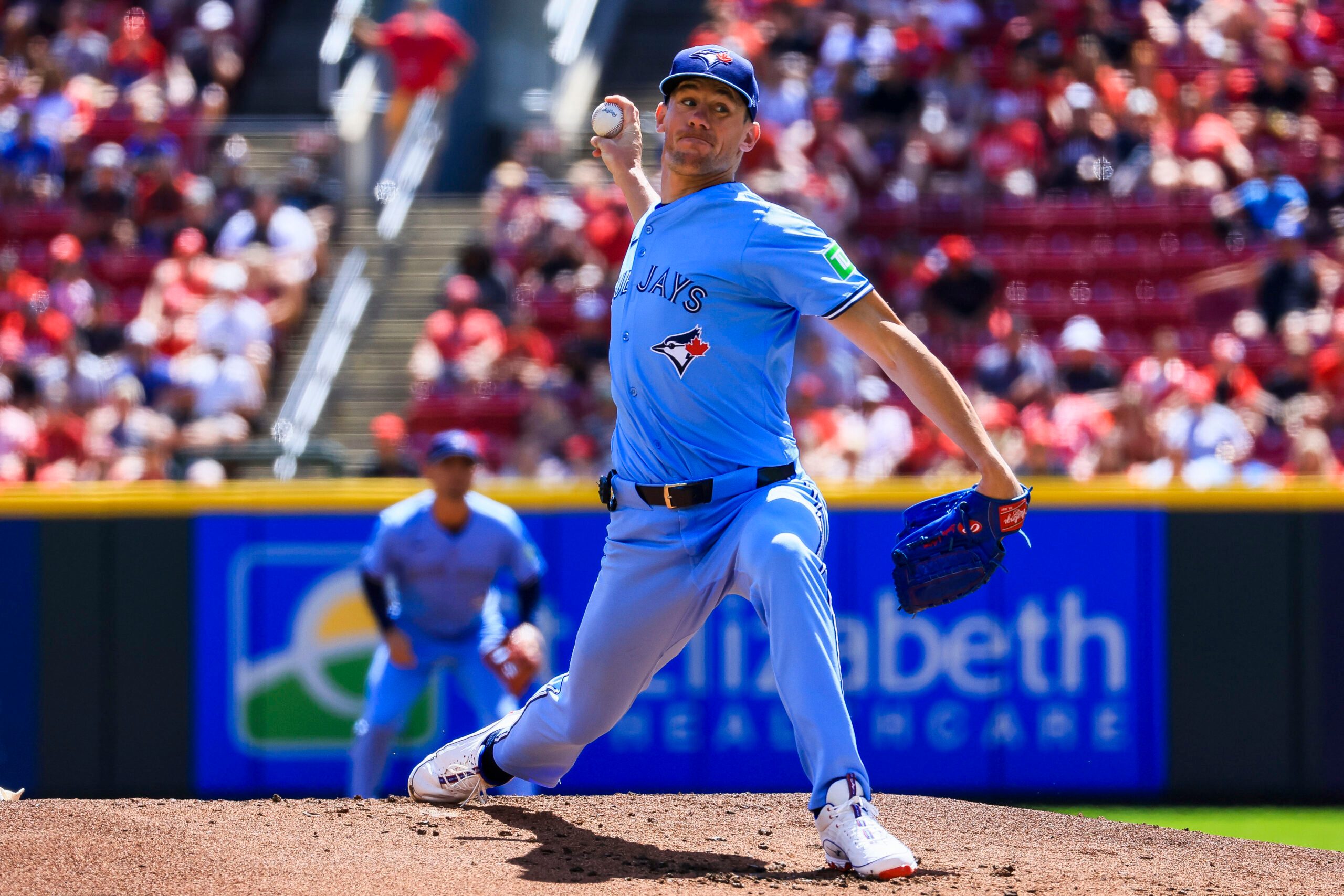 Sep 1, 2025; Cincinnati, Ohio, USA; Toronto Blue Jays starting pitcher Chris Bassitt (40) pitches against the Cincinnati Reds in the first inning at Great American Ball Park. Mandatory Credit: Katie Stratman-Imagn Images