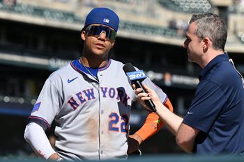 Sep 1, 2025; Detroit, Michigan, USA;  New York Mets right fielder Juan Soto (22) talks with the media after the Mets beat the Detroit Tigers at Comerica Park. Mandatory Credit: Lon Horwedel-Imagn Images