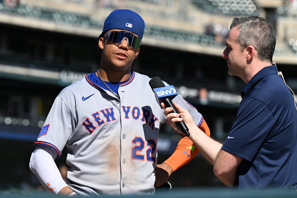 Sep 1, 2025; Detroit, Michigan, USA; New York Mets right fielder Juan Soto (22) talks with the media after the Mets beat the Detroit Tigers at Comerica Park. Mandatory Credit: Lon Horwedel-Imagn Images