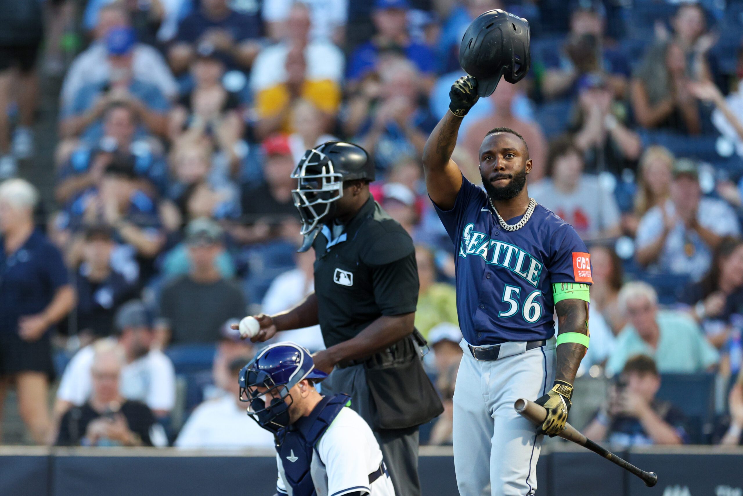 Sep 1, 2025; Tampa, Florida, USA; Seattle Mariners left fielder Randy Arozarena (56) reacts to fans during his first at bat against the Tampa Bay Rays in the first inning at George M. Steinbrenner Field. Mandatory Credit: Nathan Ray Seebeck-Imagn Images
