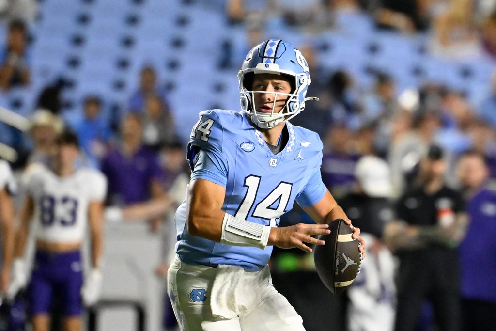 Sep 1, 2025; Chapel Hill, North Carolina, USA; North Carolina Tar Heels quarterback Max Johnson (14) looks to pass in the third quarter at Kenan Stadium. Mandatory Credit: Bob Donnan-Imagn Images