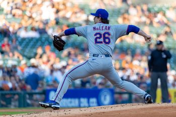 Sep 2, 2025; Detroit, Michigan, USA; New York Mets starting pitcher Nolan McLean (26) delivers in the first inning against the Detroit Tigers at Comerica Park. Mandatory Credit: David Reginek-Imagn Images