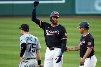 Sep 2, 2025; Washington, District of Columbia, USA; Washington Nationals outfielder James Wood (29) celebrates after hitting a single during the first inning against the Miami Marlins at Nationals Park. Mandatory Credit: Daniel Kucin Jr.-Imagn Images