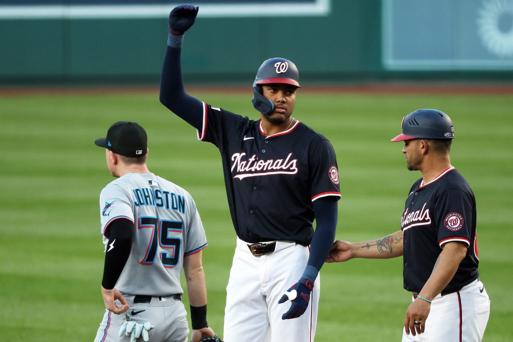 Sep 2, 2025; Washington, District of Columbia, USA; Washington Nationals outfielder James Wood (29) celebrates after hitting a single during the first inning against the Miami Marlins at Nationals Park. Mandatory Credit: Daniel Kucin Jr.-Imagn Images
