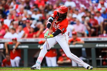 Sep 2, 2025; Cincinnati, Ohio, USA; Cincinnati Reds shortstop Elly De La Cruz (44) hits a RBI single in the first inning against the Toronto Blue Jays at Great American Ball Park. Mandatory Credit: Katie Stratman-Imagn Images