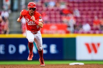 Sep 2, 2025; Cincinnati, Ohio, USA; Cincinnati Reds second baseman Matt McLain (9) runs to third on a ground out hit by outfielder TJ Friedl (not pictured) in the second inning against the Toronto Blue Jays at Great American Ball Park. Mandatory Credit: Katie Stratman-Imagn Images
