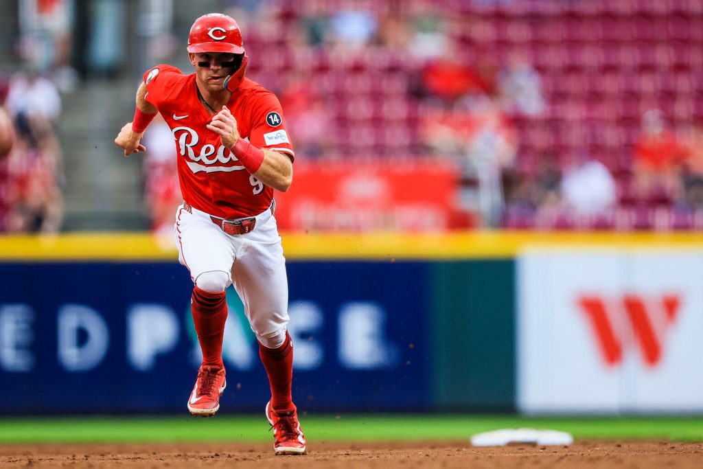 Sep 2, 2025; Cincinnati, Ohio, USA; Cincinnati Reds second baseman Matt McLain (9) runs to third on a ground out hit by outfielder TJ Friedl (not pictured) in the second inning against the Toronto Blue Jays at Great American Ball Park. Mandatory Credit: Katie Stratman-Imagn Images
