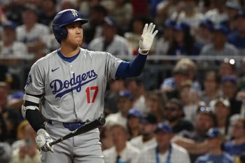 Sep 2, 2025; Pittsburgh, Pennsylvania, USA;  Los Angeles Dodgers two-way player Shohei Ohtani (17) asks for time-out in his at bat against the Pittsburgh Pirates during the seventh inning at PNC Park. Mandatory Credit: Charles LeClaire-Imagn Images