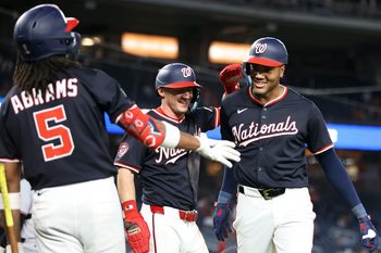 Sep 2, 2025; Washington, District of Columbia, USA; Washington Nationals outfielder James Wood (29) celebrates with his teammates after hitting a home run during the fourth inning against the Miami Marlins at Nationals Park. Mandatory Credit: Daniel Kucin Jr.-Imagn Images