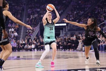 Sep 2, 2025; San Francisco, California, USA; New York Liberty forward Breanna Stewart (30) shoots the ball against Golden State Valkyries guard Veronica Burton (22) during the first quarter at Chase Center. Mandatory Credit: Kelley L Cox-Imagn Images
