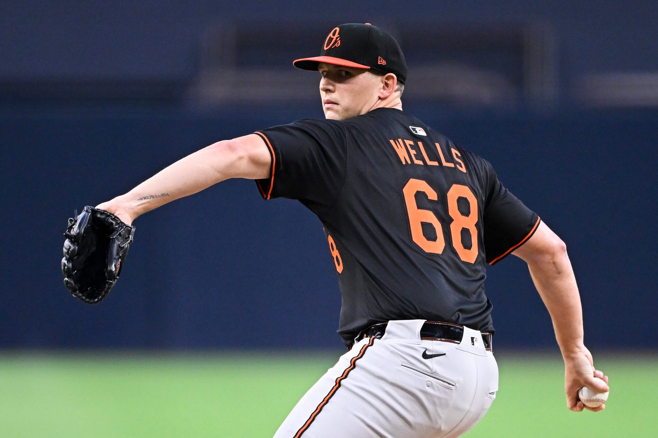 Sep 2, 2025; San Diego, California, USA; Baltimore Orioles Tyler Wells (68) delivers during the first inning against the San Diego Padres at Petco Park. Mandatory Credit: Denis Poroy-Imagn Images