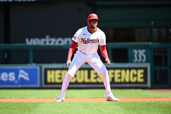 Sep 3, 2025; Washington, District of Columbia, USA; Washington Nationals designated hitter James Wood (29) in the field against the Miami Marlins during the first inning at Nationals Park. Mandatory Credit: Brad Mills-Imagn Images