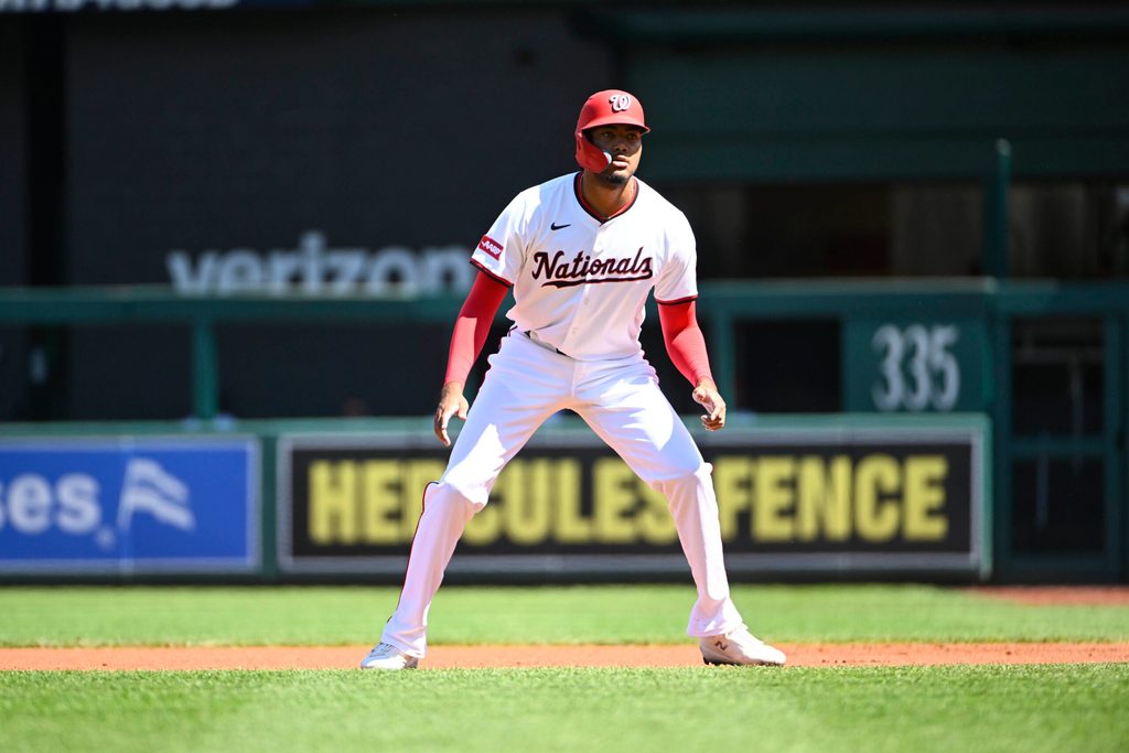 Sep 3, 2025; Washington, District of Columbia, USA; Washington Nationals designated hitter James Wood (29) in the field against the Miami Marlins during the first inning at Nationals Park. Mandatory Credit: Brad Mills-Imagn Images