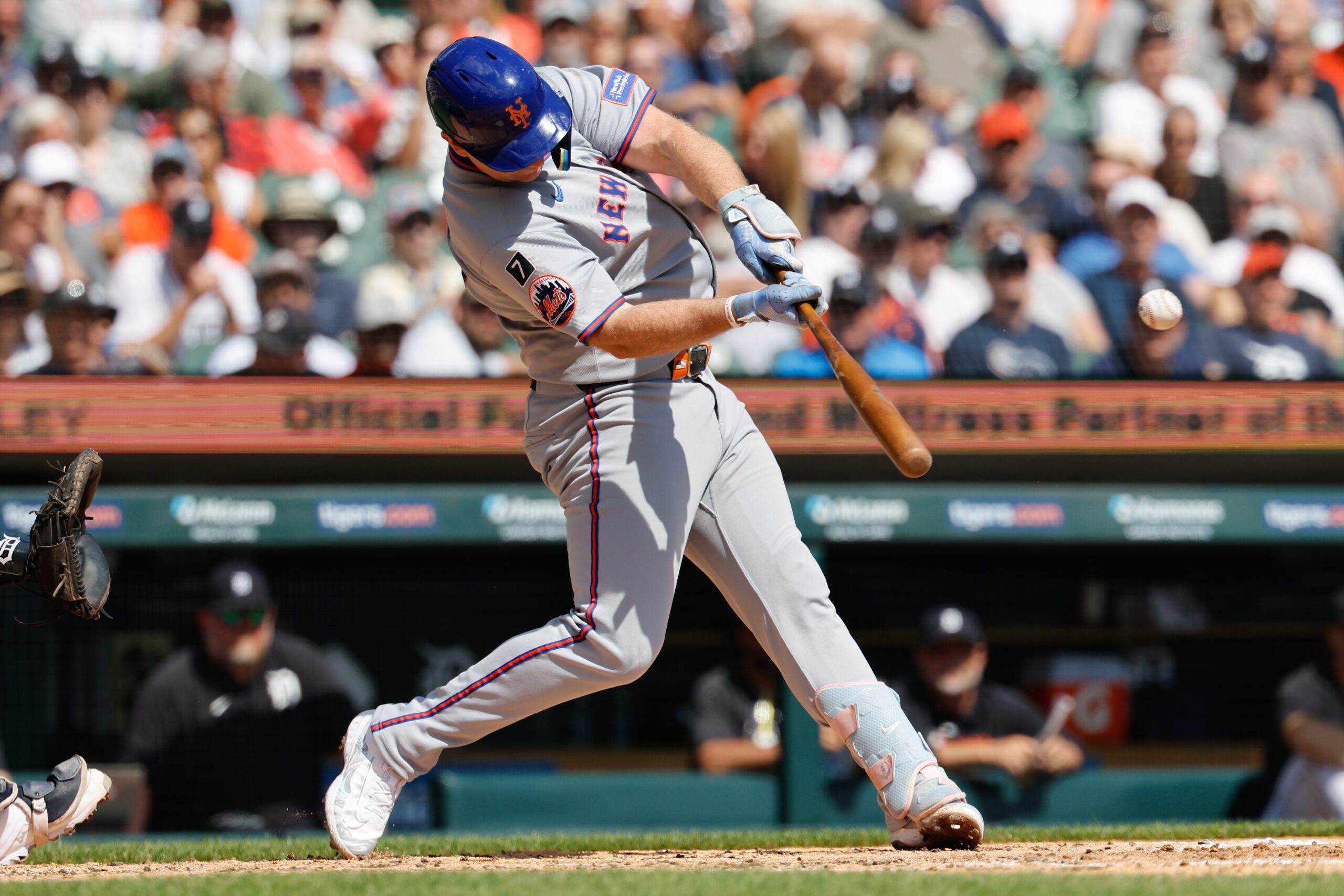 Sep 3, 2025; Detroit, Michigan, USA;  New York Mets player Pete Alonso (20) hits an RBI double in the third inning against the Detroit Tigers at Comerica Park. Mandatory Credit: Rick Osentoski-Imagn Images
