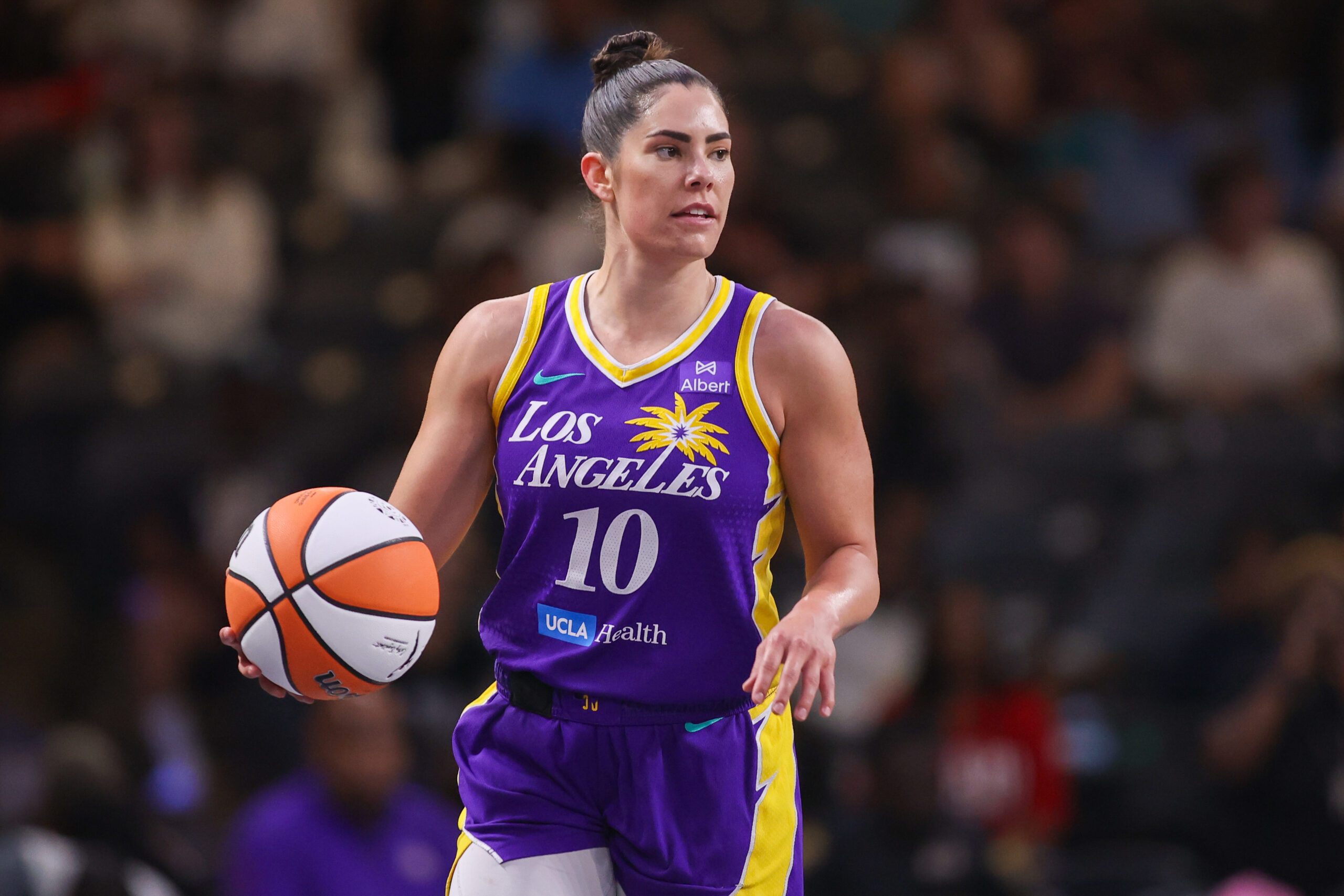 Sep 3, 2025; College Park, Georgia, USA; Los Angeles Sparks guard Kelsey Plum (10) dribbles against the Atlanta Dream in the first quarter at Gateway Center Arena at College Park. Mandatory Credit: Brett Davis-Imagn Images