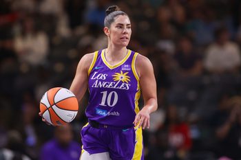 Sep 3, 2025; College Park, Georgia, USA; Los Angeles Sparks guard Kelsey Plum (10) dribbles against the Atlanta Dream in the first quarter at Gateway Center Arena at College Park. Mandatory Credit: Brett Davis-Imagn Images