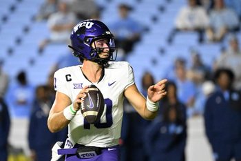 Sep 1, 2025; Chapel Hill, North Carolina, USA; TCU Horned Frogs quarterback Josh Hoover (10) looks to pass in the fourth quarter at Kenan Stadium. Mandatory Credit: Bob Donnan-Imagn Images