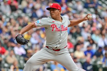 Sep 4, 2025; Milwaukee, Wisconsin, USA; Philadelphia Phillies starting pitcher Ranger Suarez (55) throws against the Milwaukee Brewers in the first inning at American Family Field. Mandatory Credit: Benny Sieu-Imagn Images