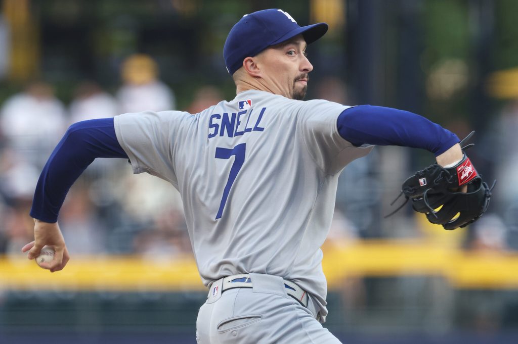 Sep 4, 2025; Pittsburgh, Pennsylvania, USA;  Los Angeles Dodgers starting pitcher Blake Snell (7) delivers a pitch against the Pittsburgh Pirates during the first inning at PNC Park. Mandatory Credit: Charles LeClaire-Imagn Images