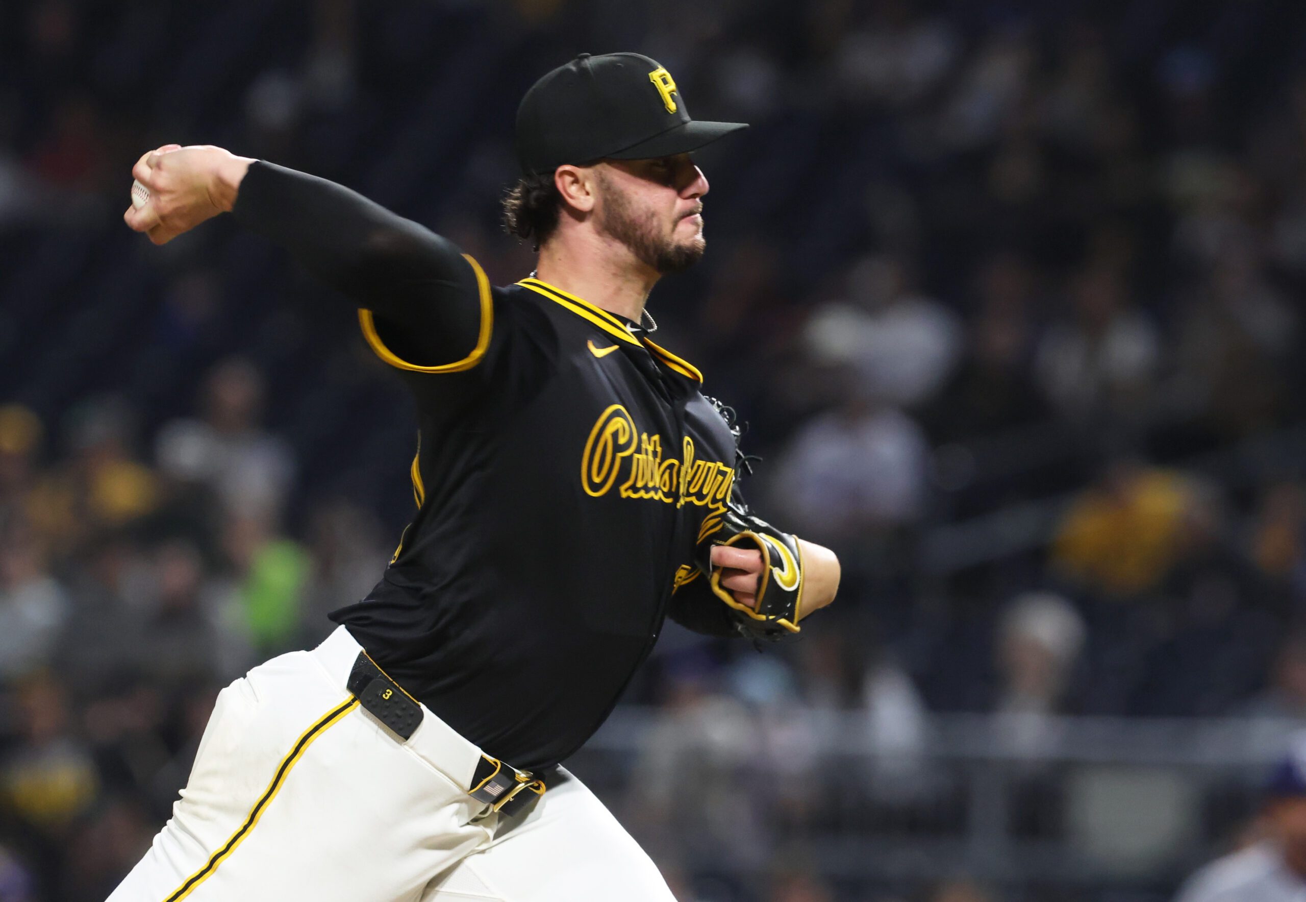 Sep 4, 2025; Pittsburgh, Pennsylvania, USA;  Pittsburgh Pirates starting pitcher Paul Skenes (30) pitches against the Los Angeles Dodgers during the sixth inning at PNC Park. Mandatory Credit: Charles LeClaire-Imagn Images