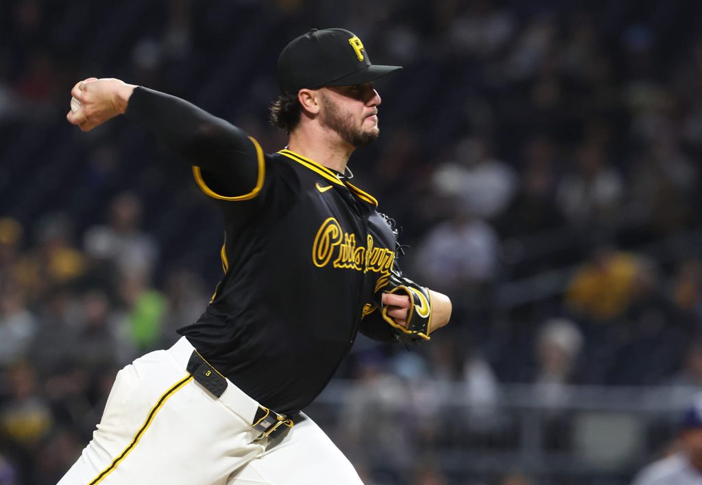 Sep 4, 2025; Pittsburgh, Pennsylvania, USA; Pittsburgh Pirates starting pitcher Paul Skenes (30) pitches against the Los Angeles Dodgers during the sixth inning at PNC Park. Mandatory Credit: Charles LeClaire-Imagn Images