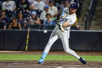 Sep 4, 2025; Tampa, Florida, USA; Tampa Bay Rays outfielder Josh Lowe (15) hits into a fielders choice rbi against the Cleveland Guardians in the sixth inning at George M. Steinbrenner Field. Mandatory Credit: Nathan Ray Seebeck-Imagn Images