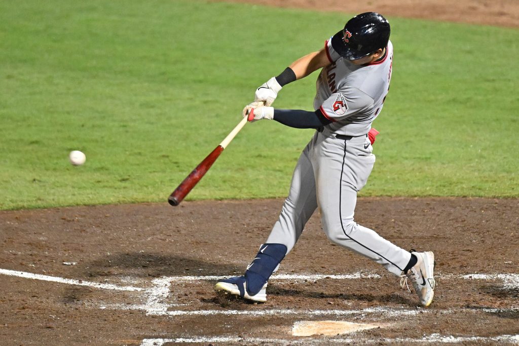 Sep 5, 2025; St. Petersburg, Florida, USA; Cleveland Guardians left fielder Steven Kwan (38) hits a single in the sixth inning against the Tampa Bay Rays at George M. Steinbrenner Field. Mandatory Credit: Jonathan Dyer-Imagn Images