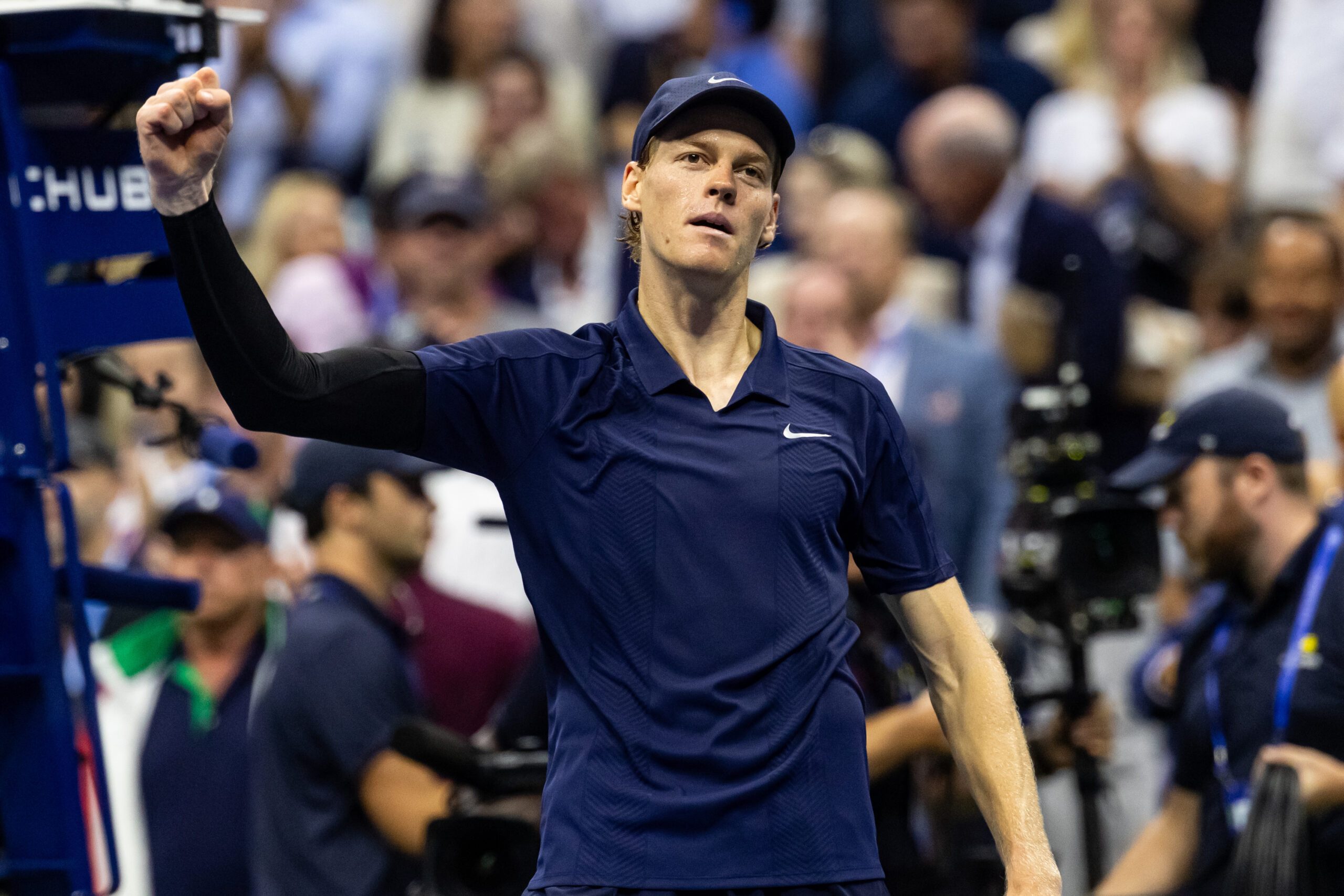 Sep 5, 2025; Flushing, NY, USA; Jannik Sinner of Italy celebrates his victory over Felix Auger-Aliassime of Canada in the semifinal of the men’s singles at the US Open at Arthur Ashe Stadium in Billie Jean King National Tennis Center. Mandatory Credit: Mike Frey-Imagn Images