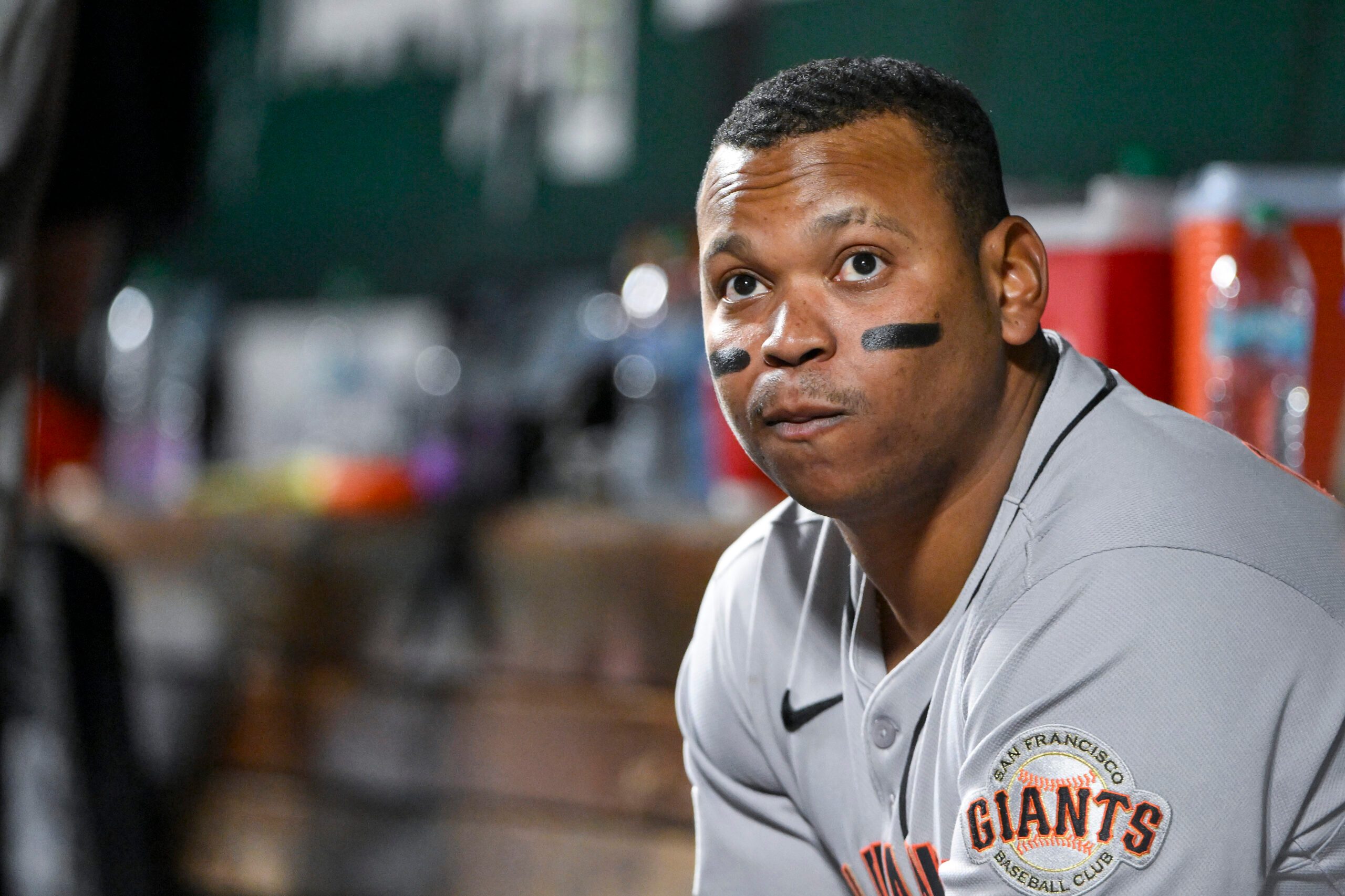 Sep 5, 2025; St. Louis, Missouri, USA;  San Francisco Giants designated hitter Rafael Devers (16) looks on from the dugout during the seventh inning against the St. Louis Cardinals at Busch Stadium. Mandatory Credit: Jeff Curry-Imagn Images