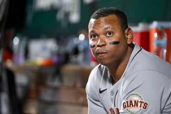 Sep 5, 2025; St. Louis, Missouri, USA;  San Francisco Giants designated hitter Rafael Devers (16) looks on from the dugout during the seventh inning against the St. Louis Cardinals at Busch Stadium. Mandatory Credit: Jeff Curry-Imagn Images