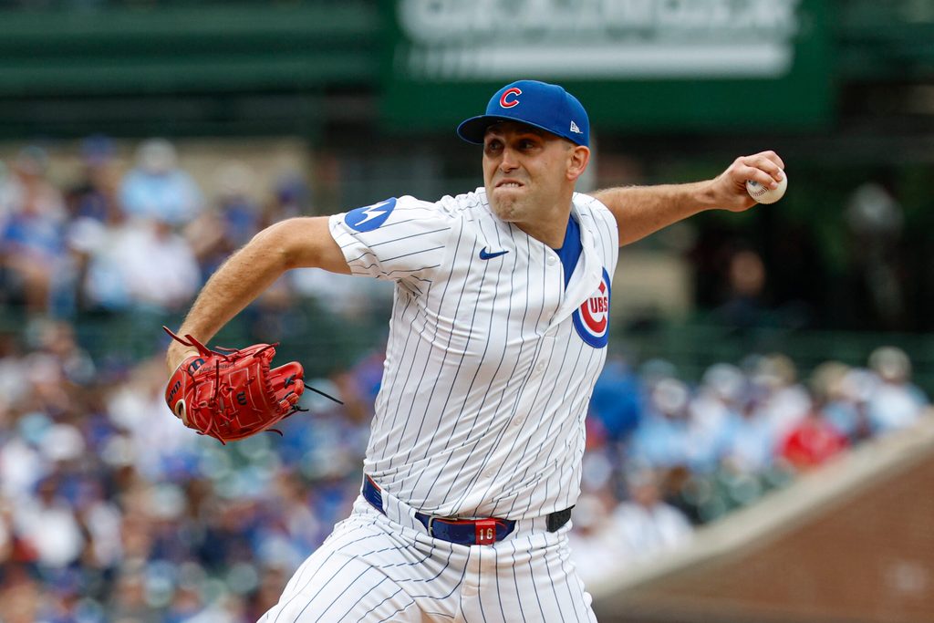 Sep 6, 2025; Chicago, Illinois, USA; Chicago Cubs starting pitcher Matthew Boyd (16) delivers a pitch against the Washington Nationals during the first inning at Wrigley Field. Mandatory Credit: Kamil Krzaczynski-Imagn Images