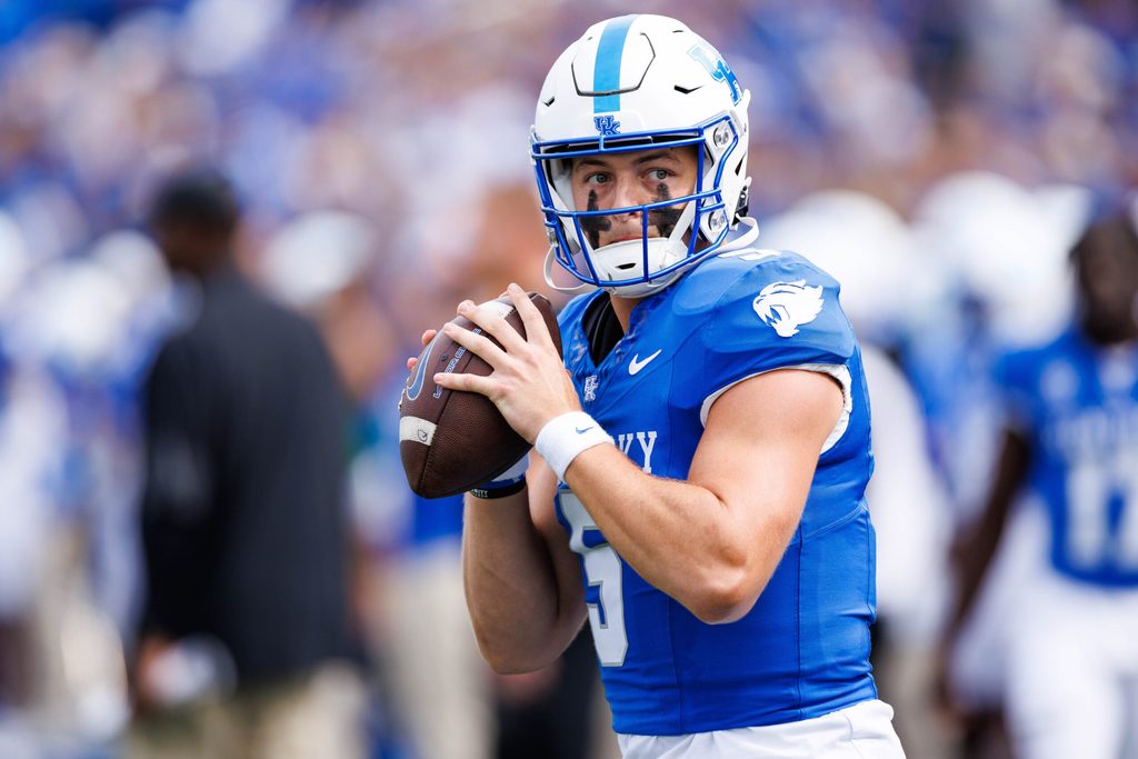 Sep 6, 2025; Lexington, Kentucky, USA; Kentucky Wildcats quarterback Zach Calzada (5) warms up before the game against the Mississippi Rebels at Kroger Field. Mandatory Credit: Jordan Prather-Imagn Images
