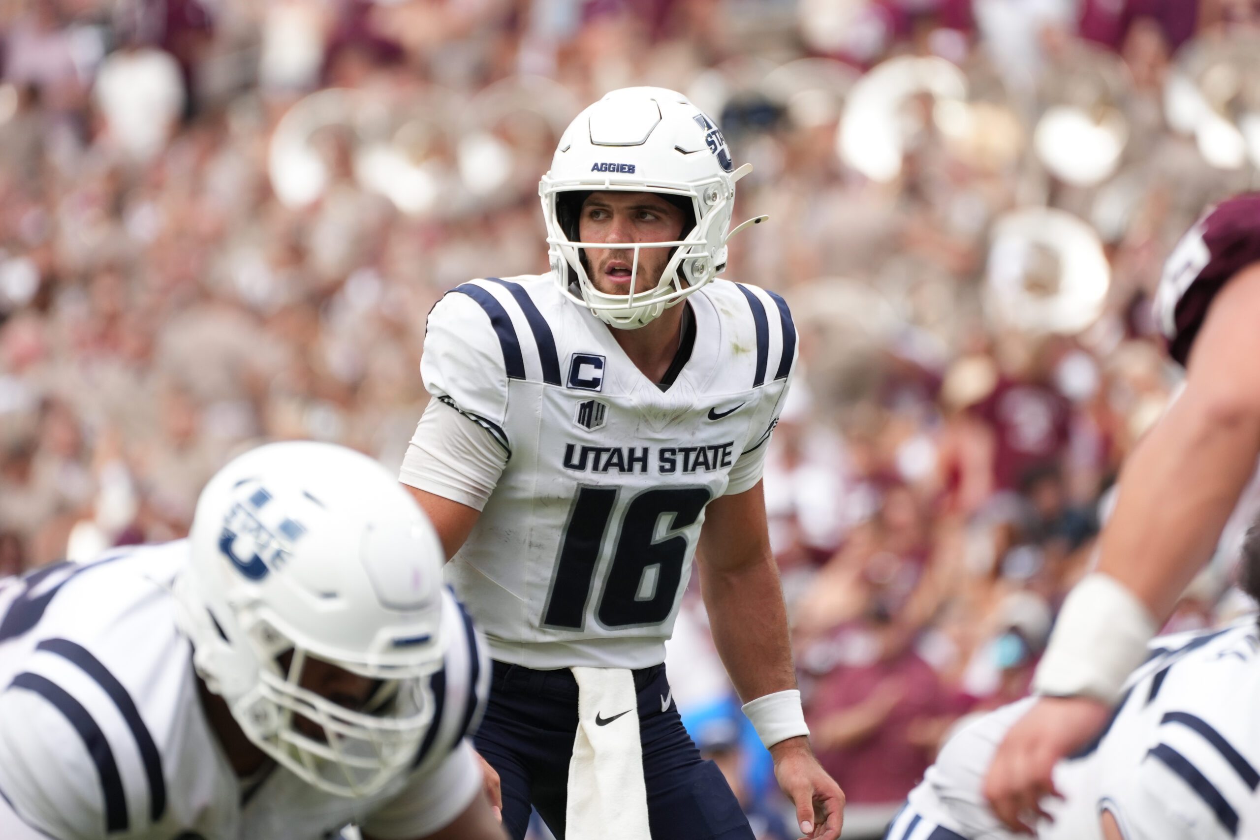 Sep 6, 2025; College Station, Texas, USA; Utah State Aggies quarterback Bryson Barnes (16) during the second half against the Texas A&M Aggies at Kyle Field. Mandatory Credit: Sean Thomas-Imagn Images