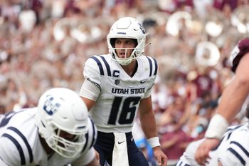 Sep 6, 2025; College Station, Texas, USA; Utah State Aggies quarterback Bryson Barnes (16) during the second half against the Texas A&M Aggies at Kyle Field. Mandatory Credit: Sean Thomas-Imagn Images