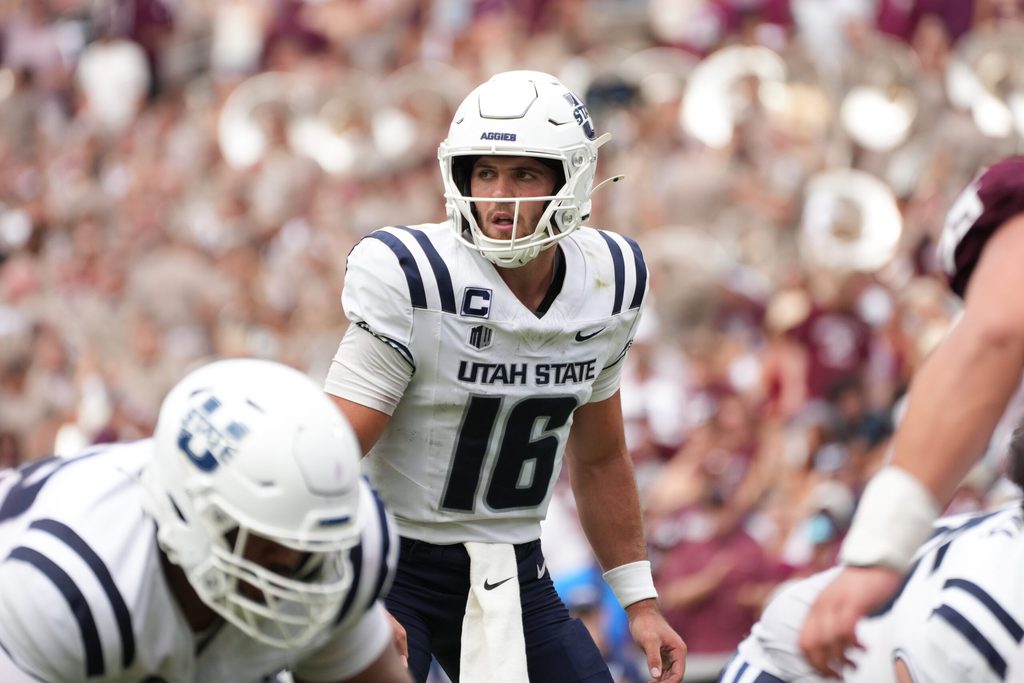 Sep 6, 2025; College Station, Texas, USA; Utah State Aggies quarterback Bryson Barnes (16) during the second half against the Texas A&M Aggies at Kyle Field. Mandatory Credit: Sean Thomas-Imagn Images