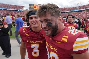 Iowa State Cyclones' quarterback Rocco Becht (3) and running back Carson Hansen (26) celebrate after winning 16-13 over Iowa in the Cy-Hawk football at Jack Trice Stadium on Sept. 6, 2025, in Ames, Iowa