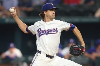 Sep 6, 2025; Arlington, Texas, USA; Texas Rangers pitcher Jacob deGrom (48) throws a pitch during the first inning against the Houston Astros at Globe Life Field. Mandatory Credit: Tim Heitman-Imagn Images