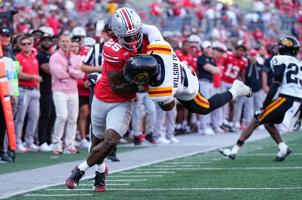 Grambling State Tigers defensive back Frank Wilson IV (2) tackles Ohio State Buckeyes running back Bo Jackson (25) during the second half of the NCAA football game at Ohio Stadium on Sept. 6, 2025. Ohio State won 70-0.