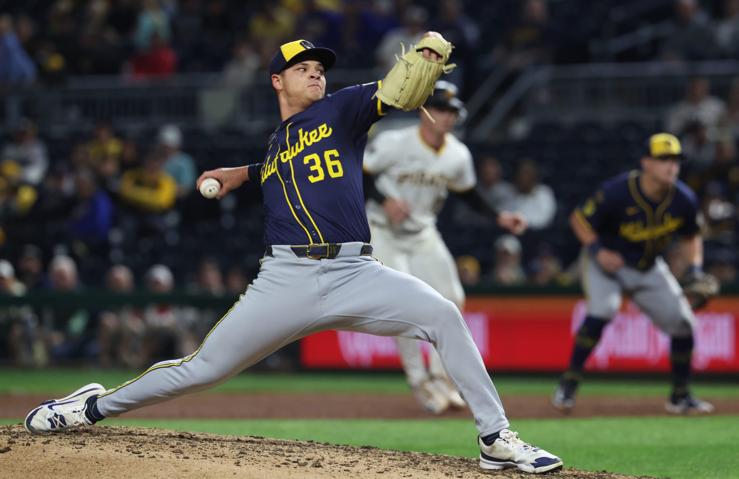Sep 6, 2025; Pittsburgh, Pennsylvania, USA;  Milwaukee Brewers relief pitcher Tobias Myers (36) pitches against the Pittsburgh Pirates during the eighth inning at PNC Park. Mandatory Credit: Charles LeClaire-Imagn Images