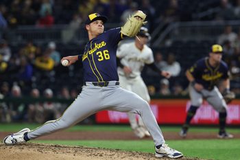 Sep 6, 2025; Pittsburgh, Pennsylvania, USA;  Milwaukee Brewers relief pitcher Tobias Myers (36) pitches against the Pittsburgh Pirates during the eighth inning at PNC Park. Mandatory Credit: Charles LeClaire-Imagn Images