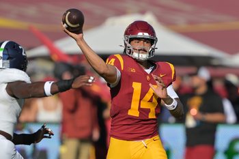Sep 6, 2025; Los Angeles, California, USA;  USC Trojans quarterback Jayden Maiava (14) throws a pass during the first half against the Georgia Southern Eagles at United Airlines Field at Los Angeles Memorial Coliseum. Mandatory Credit: Jayne Kamin-Oncea-Imagn Images